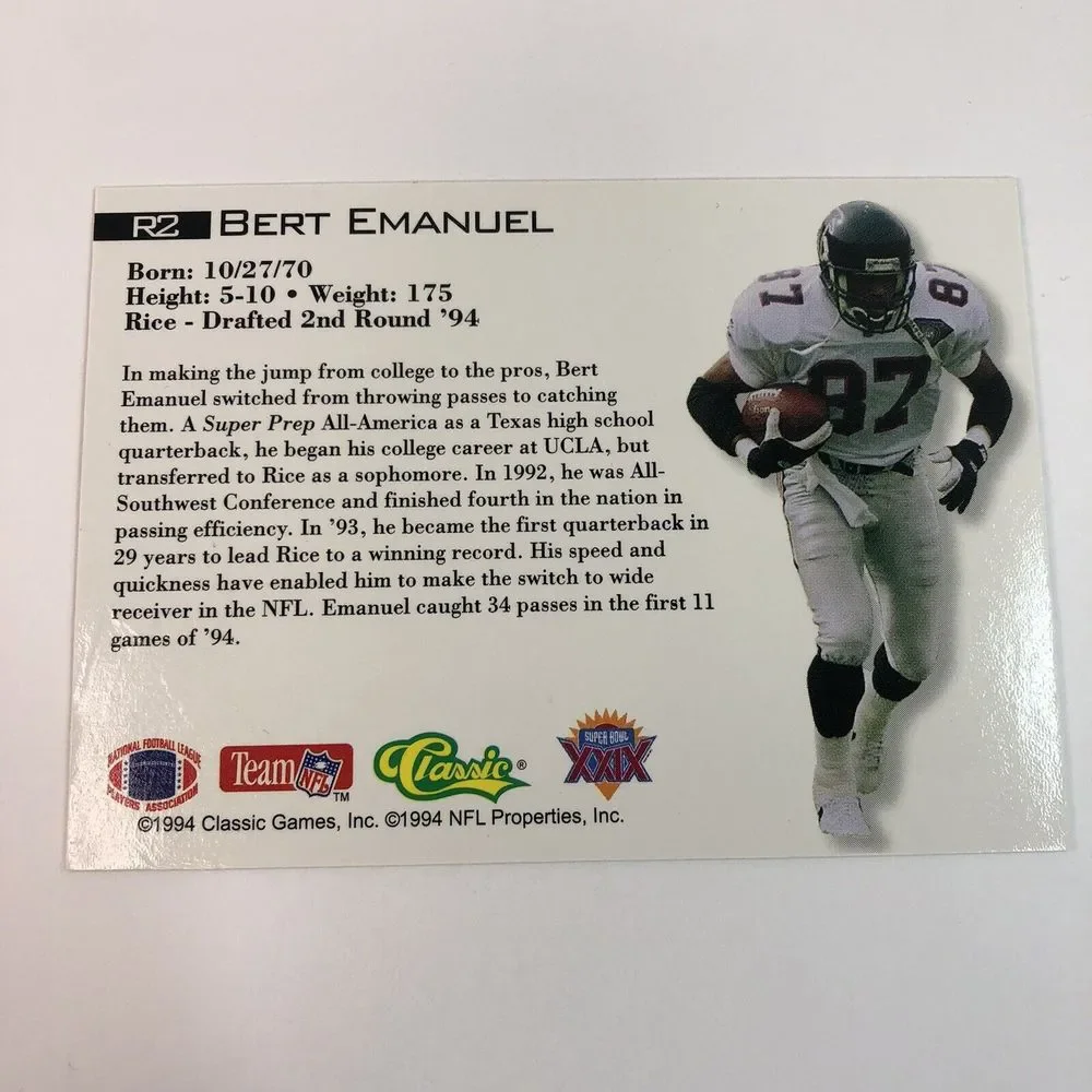 1994 Classic NFL Rookie Card BERT EMANUEL Atlanta Falcons, Super Bowl 29, Rare - Picture 6 of 10